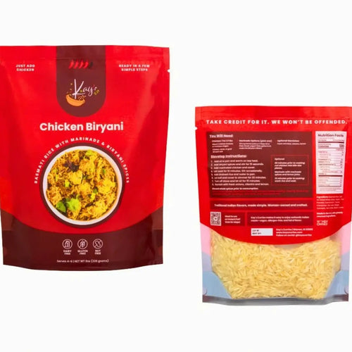 Two views of a red stand-up pouch of Key's Chicken Biryani rice on a plain white background, showing the front with a food photo and the back with product information and a clear window revealing the rice inside.