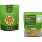 Two views of a green stand-up pouch of Kay's Vegetable Biryani on a white background, showing the front packaging with a food photo and the back packaging with product details and a clear window revealing the cooked rice.