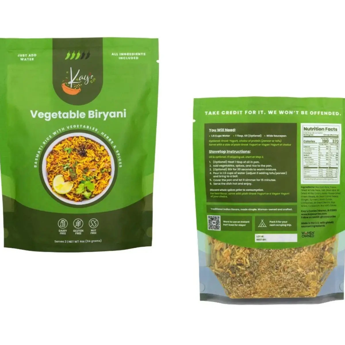 Two views of a green stand-up pouch of Kay's Vegetable Biryani on a white background, showing the front packaging with a food photo and the back packaging with product details and a clear window revealing the cooked rice.