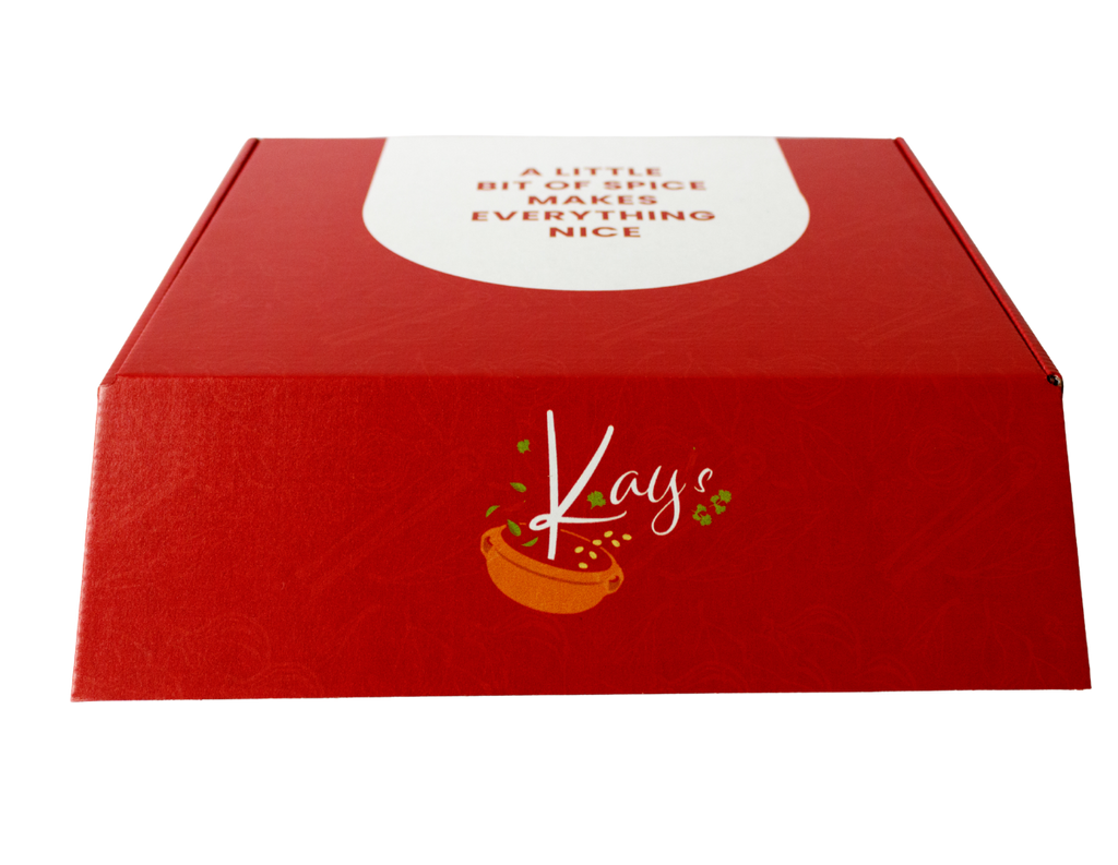 Kay’s Curries gift box closed with Kay’s logo