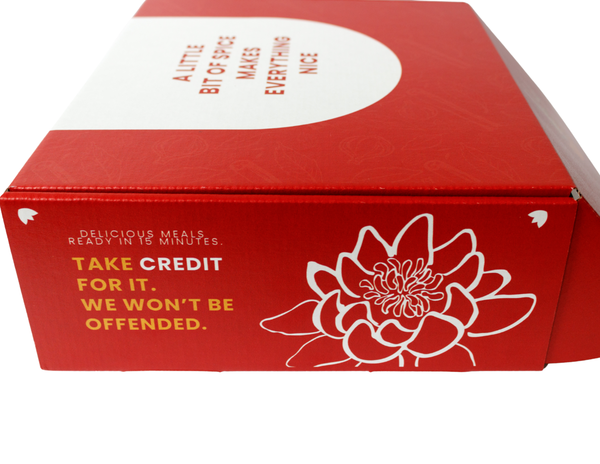 Kay’s Curries gift box closed with Kay’s logo