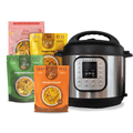 An Instant Pot pressure cooker displayed with four Kays's Curiries Meal kits pouches in pink, yellow, green, and orange in front of it, on a plain white background.