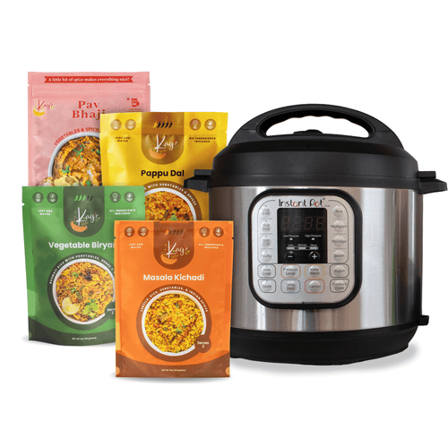 An Instant Pot pressure cooker displayed with four Kays's Curiries Meal kits pouches in pink, yellow, green, and orange in front of it, on a plain white background.