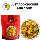 A red stand-up pouch of Kay's Chicken Biryani next to a bowl of prepared biryani with chicken and green garnish, with text reading 'JUST ADD CHICKEN AND COOK' and a '25 min' icon on a white background.