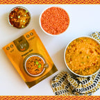 Pappu Dal packaging with cooked dal, raw dal, and a bowl of dal on a white background.