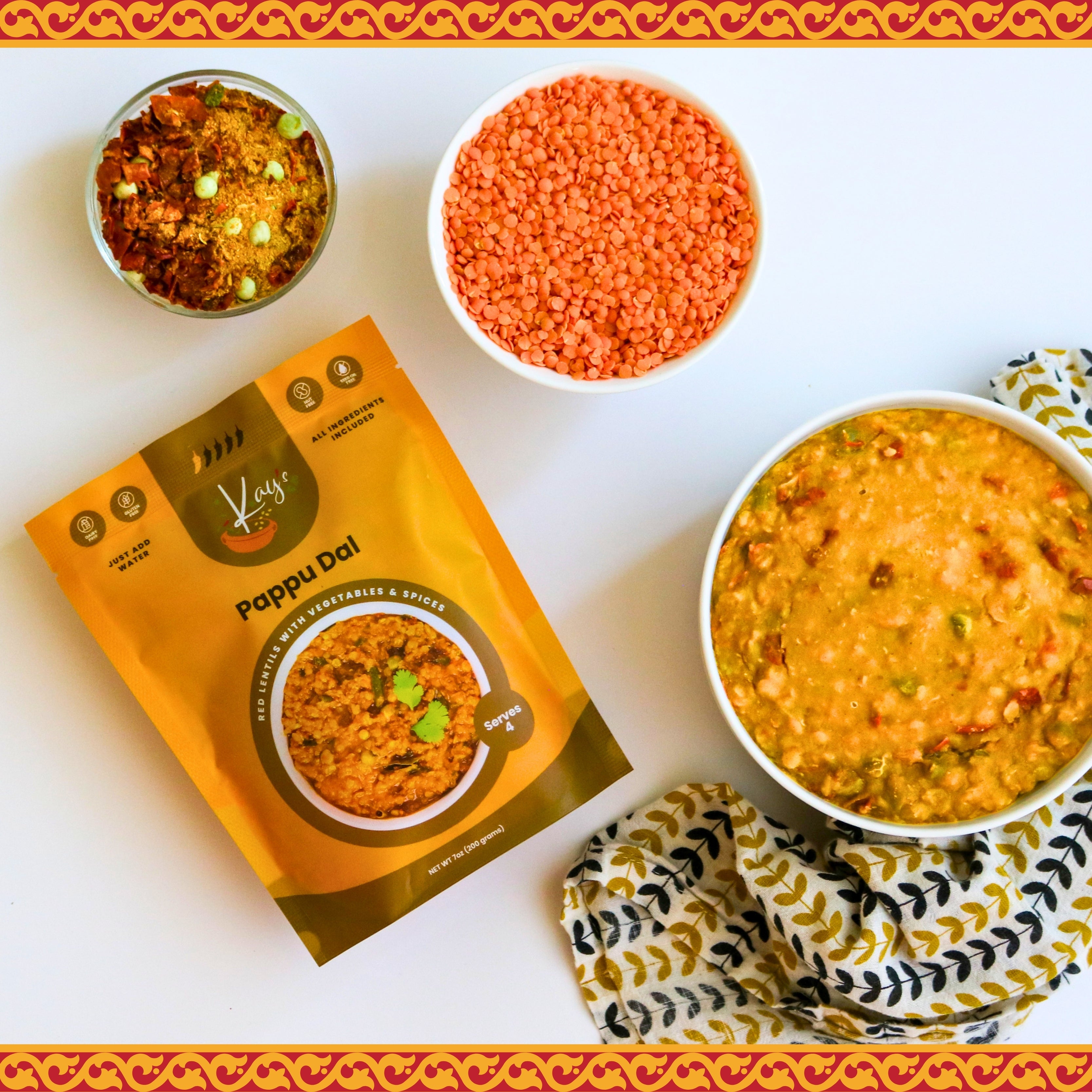 Pappu Dal packaging with cooked dal, raw dal, and a bowl of dal on a white background.