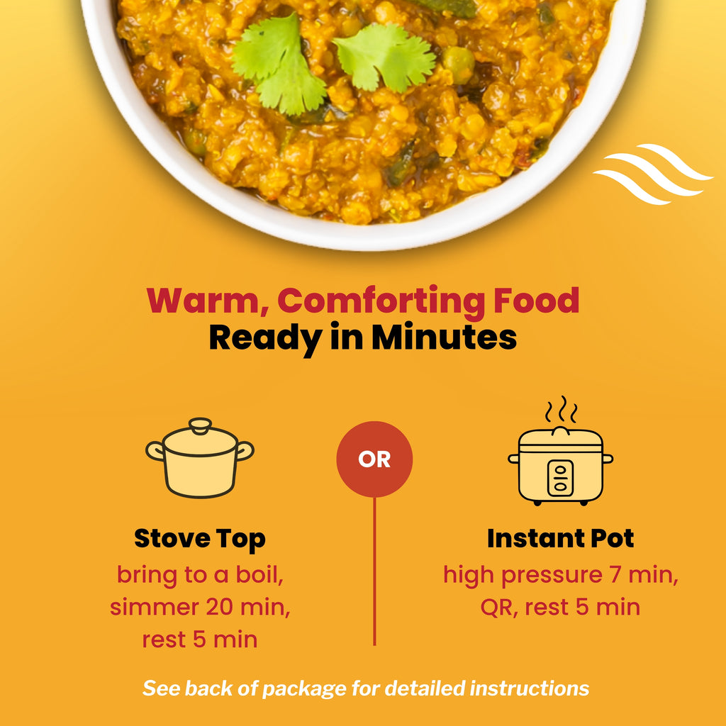  bowl of food with text on a yellow background with cooking instructions