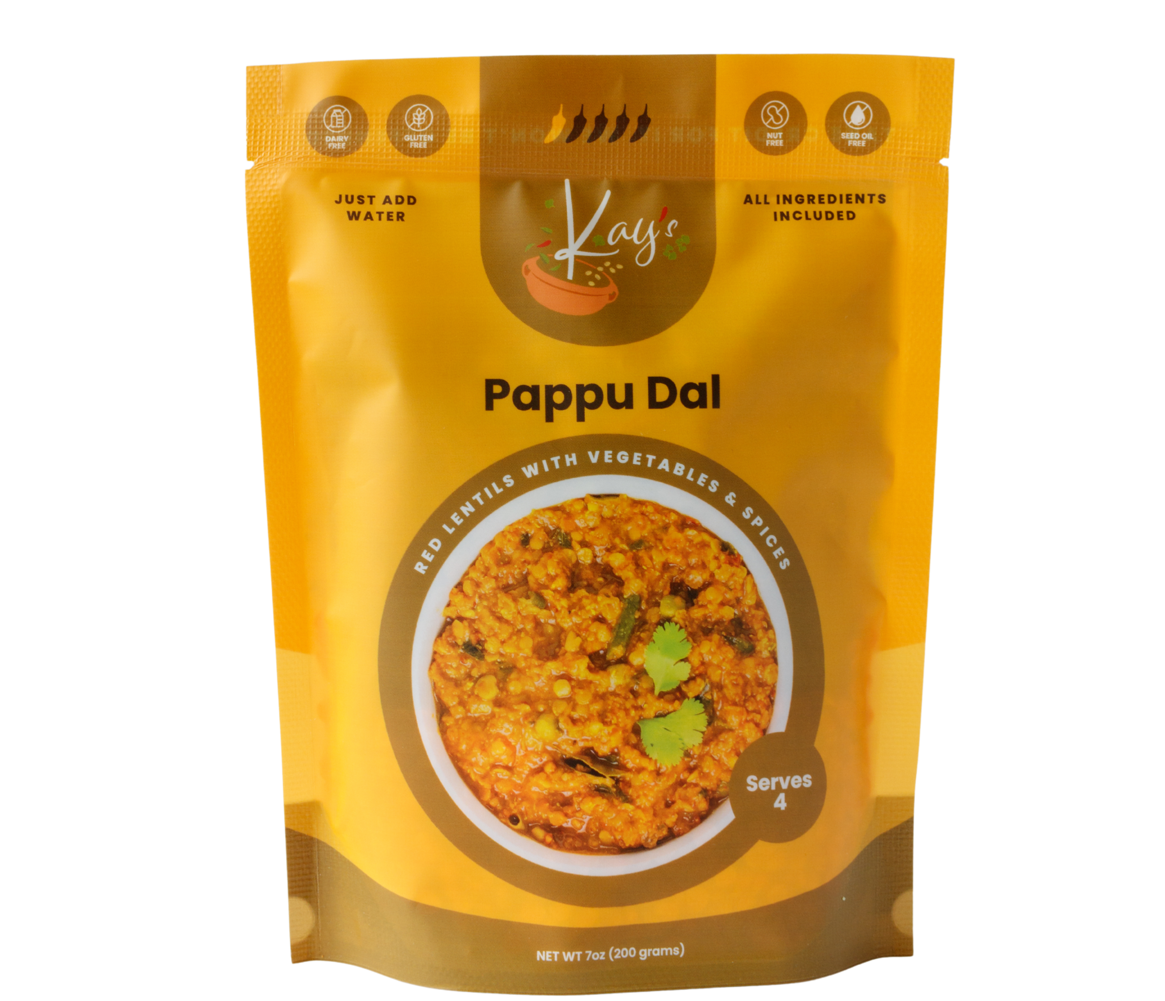 Kay's Curries Pappu Dal red lentil dal kit, front packaging, allergen-free Indian meal kit made in USA