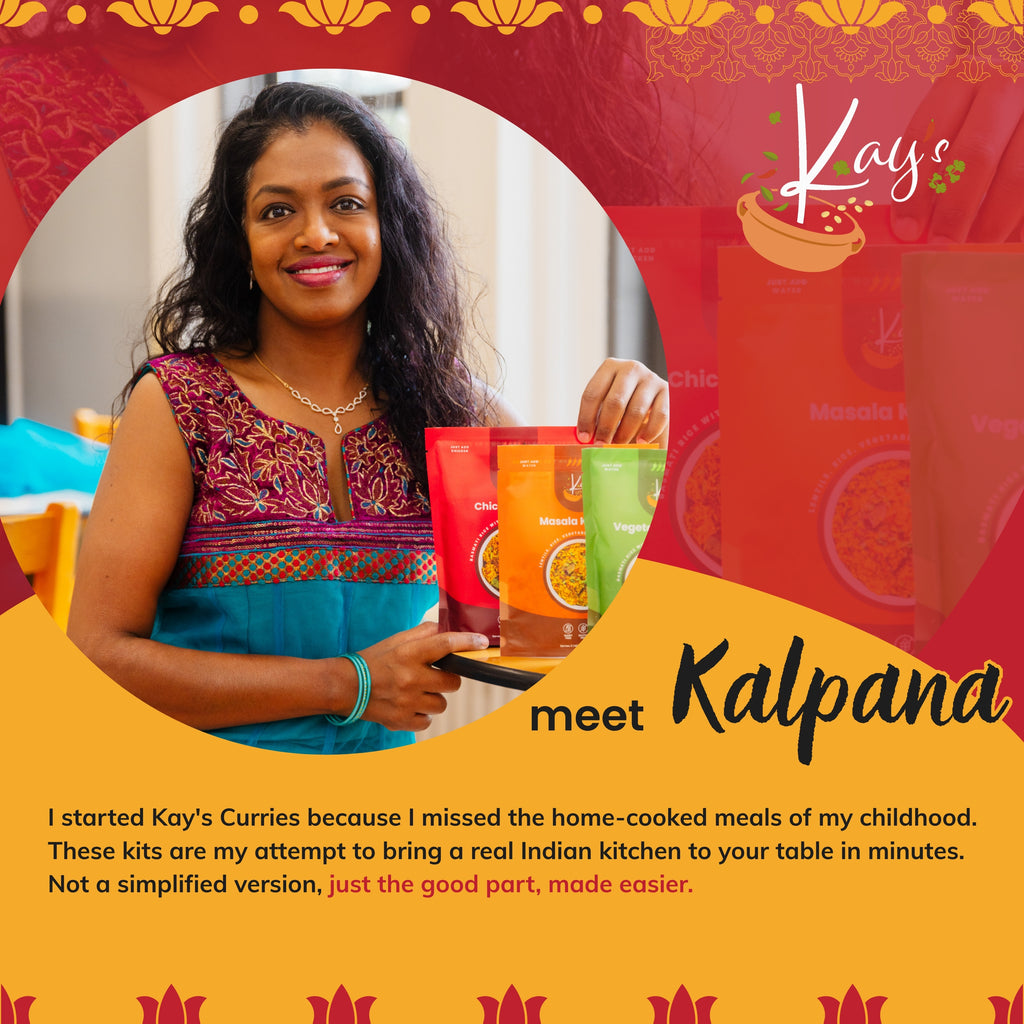 Woman holding colorful food kits with 'Kay's Curries' branding and text about the brand's mission.