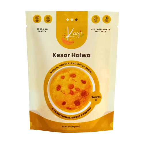 front view of a stand-up resealable pouch of Kay's Curries Halwa