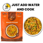 A package of Kay's Masala Kichadi next to a white bowl filled with cooked curry, with text reading 'JUST ADD WATER AND COOK' and a '15 min' icon on a white background.