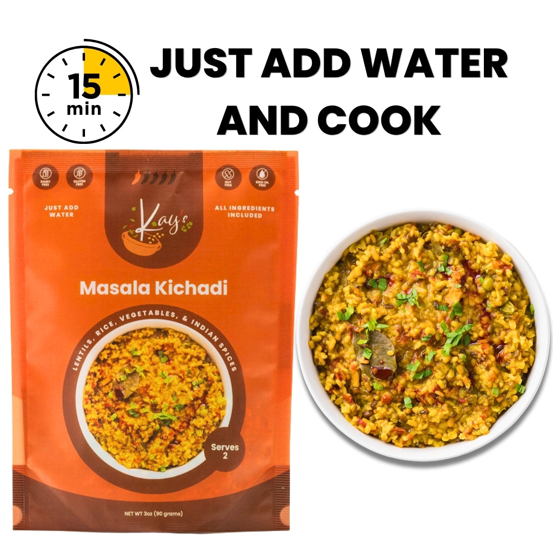 A package of Kay's Masala Kichadi next to a white bowl filled with cooked curry, with text reading 'JUST ADD WATER AND COOK' and a '15 min' icon on a white background.