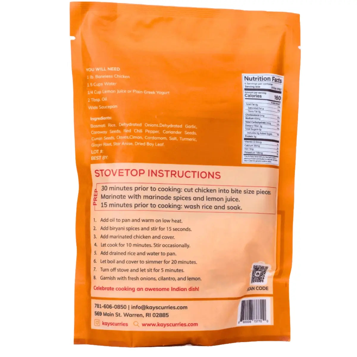 Back view of a bright orange Kay's Curries Tofu Biryani kit or instruction sheet, showing ingredients, nutrition facts, stovetop instructions, and contact information printed in black and red text.