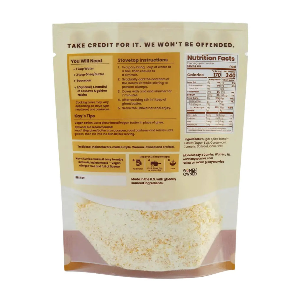 Back view of a stand-up resealable pouch of Kay's Curries Halwa, showing printed instructions, nutrition facts, and a window revealing the light yellow rice inside.