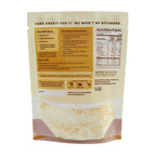 Back view of a stand-up resealable pouch of Kay's Curries Halwa, showing printed instructions, nutrition facts, and a window revealing the light yellow rice inside.