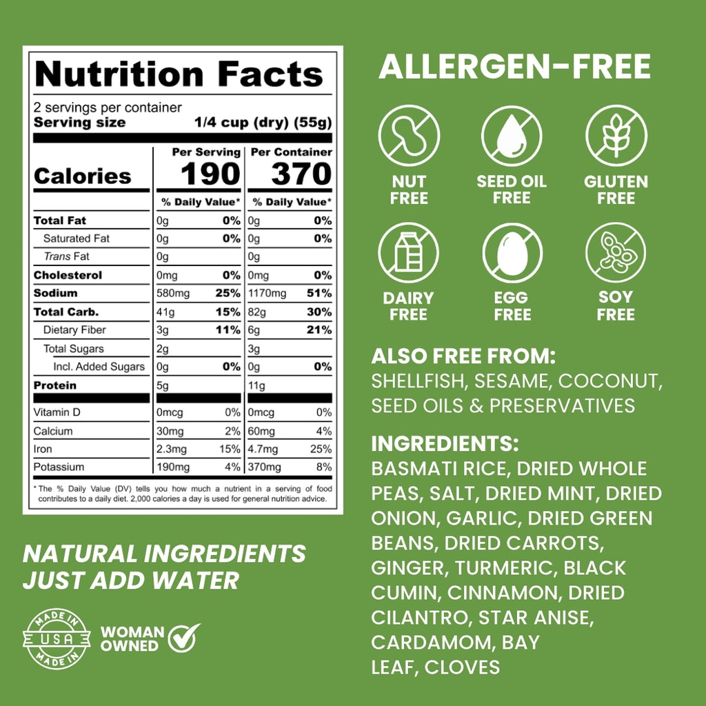 A green product information panel with a Nutrition Facts label on the left and allergen-free claims, natural ingredients list, and a woman-owned badge on the right.