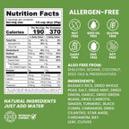 A green product information panel with a Nutrition Facts label on the left and allergen-free claims, natural ingredients list, and a woman-owned badge on the right.