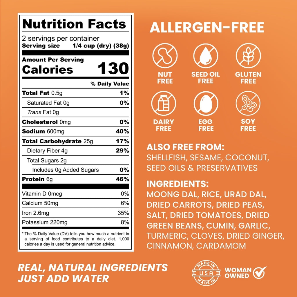 An orange and white product information graphic for a beverage, featuring a Nutrition Facts label, allergen-free icons, ingredients list, and branding text.