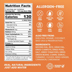 An orange and white product information graphic for a beverage, featuring a Nutrition Facts label, allergen-free icons, ingredients list, and branding text.