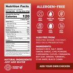 Red and white nutrition facts label for a chicken-based product, showing calories, nutrients, allergen-free icons, ingredient list, and text to add your own chicken.