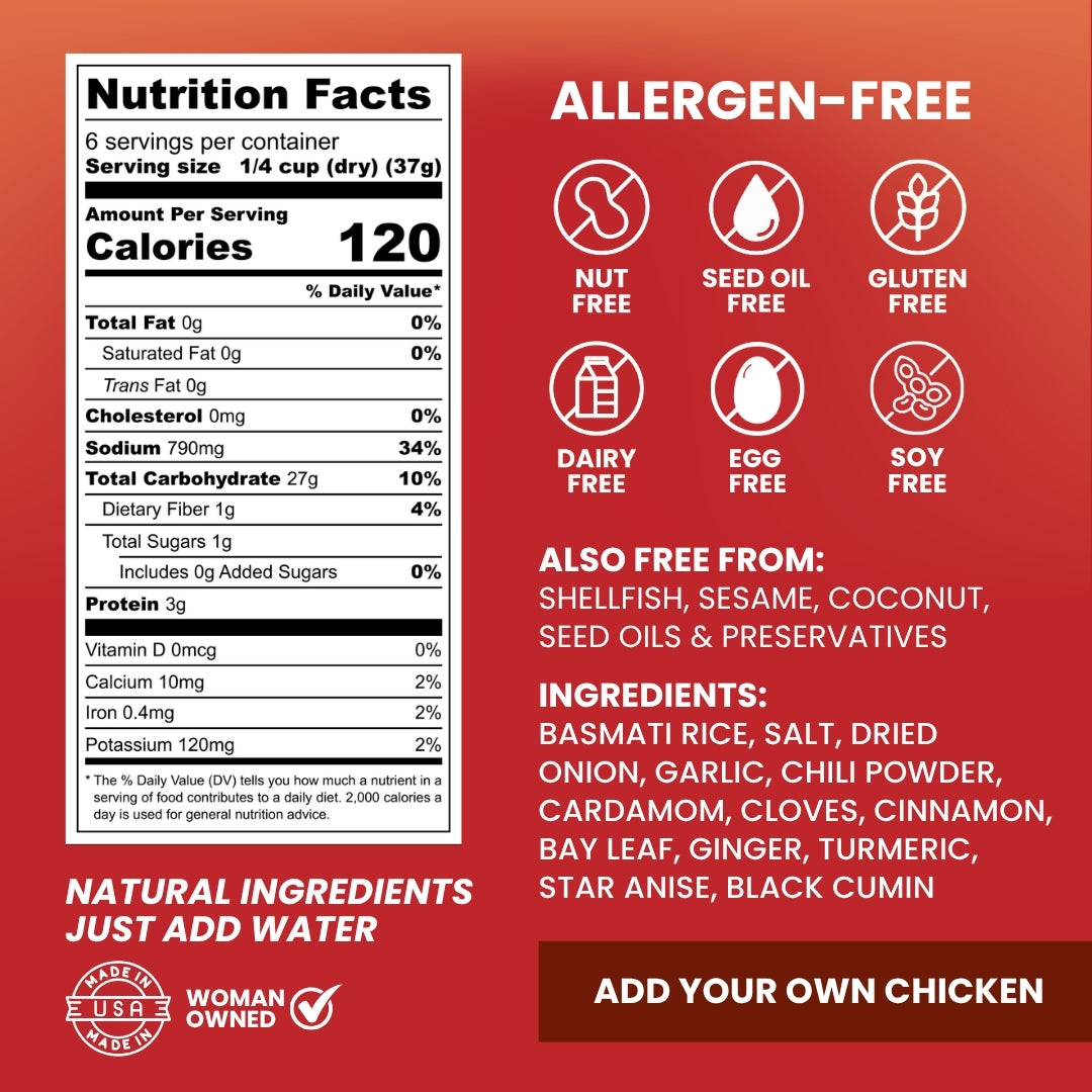 Red and white nutrition facts label for a chicken-based product, showing calories, nutrients, allergen-free icons, ingredient list, and text to add your own chicken.