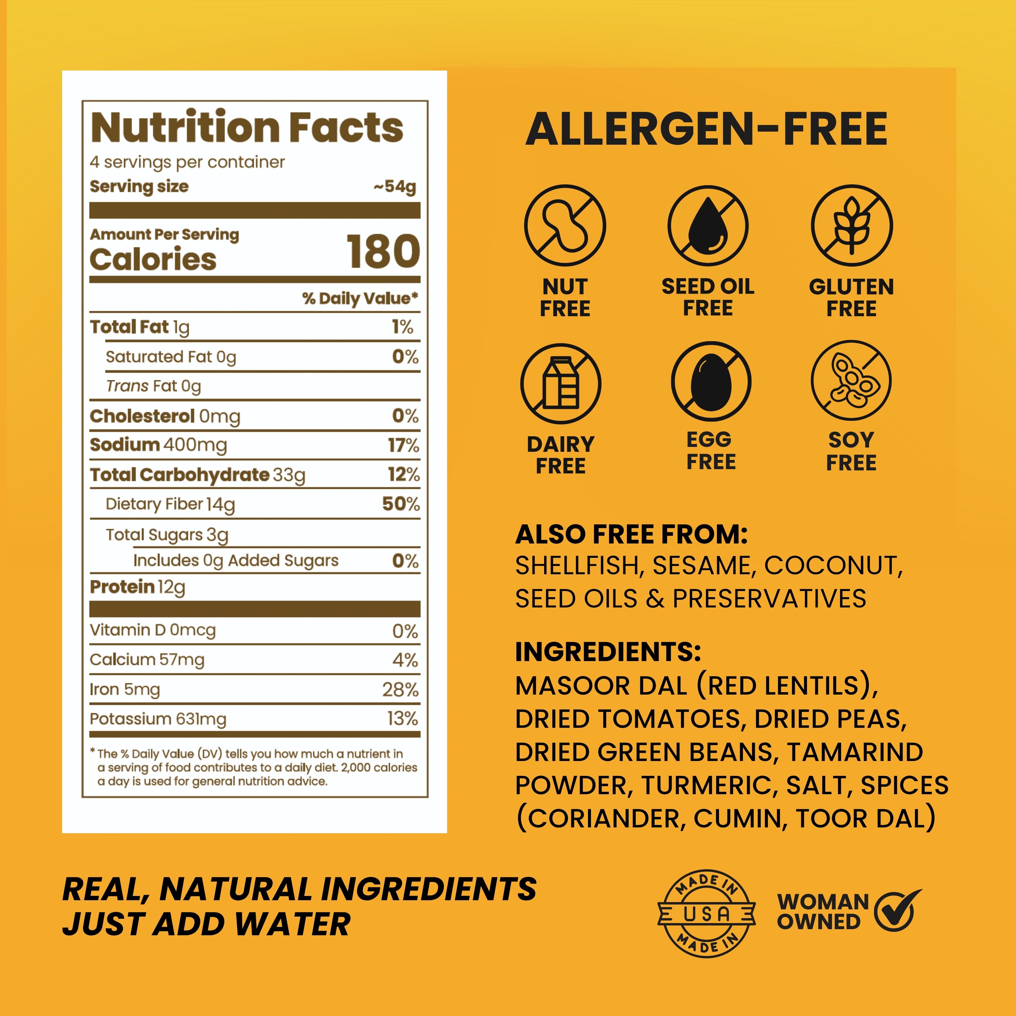 An informational product graphic on a warm yellow-orange background showing a Nutrition Facts label and text stating 'ALLERGEN-FREE,' with icons for nut-free, seed oil free, gluten free, dairy free, egg free, soy free, plus ingredients and a 'Made in USA' badge.
