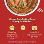 Cooking instructions for Kays Curries Pav Bhaji kit showing a bowl of thick orange-brown mashed food topped with green herbs. Text reads 'Warm, Comforting Food Ready in Minutes' with cooking instructions for stove top and instant pot methods.