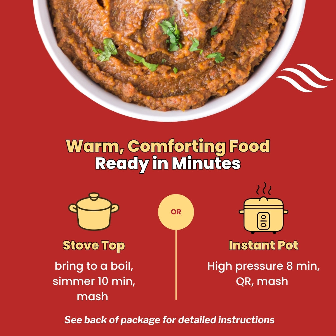 Cooking instructions for Kays Curries Pav Bhaji kit showing a bowl of thick orange-brown mashed food topped with green herbs. Text reads 'Warm, Comforting Food Ready in Minutes' with cooking instructions for stove top and instant pot methods.