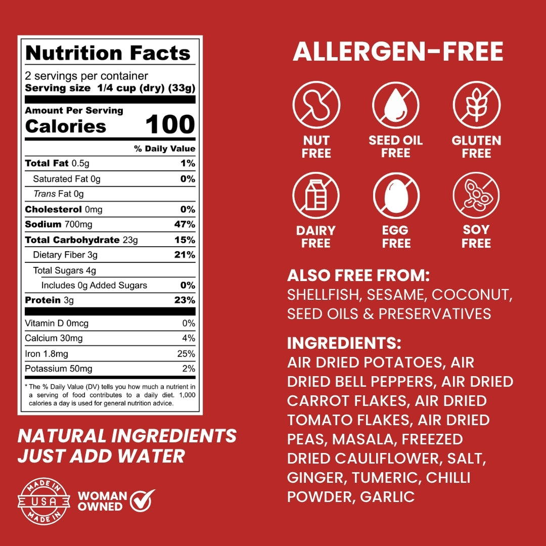 Red nutrition facts label with white text, showing allergen information, nutrition panel, and ingredient list for Kay's Curries Pav Bhaji Kit