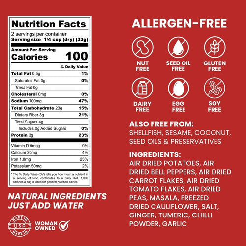Red nutrition facts label with white text, showing allergen information, nutrition panel, and ingredient list for Kay's Curries Pav Bhaji Kit