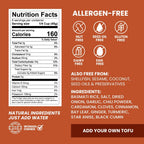 Nutrition facts label and allergen information panel for Kay's Curries Tofu Biryani on a solid rust-orange background. The panel includes a Nutrition Facts box, icons for nut free, seed oil free, gluten free, dairy free, and egg free, a list of also free ingredients, and text stating natural ingredients just add water, with a 'Woman Owned' badge and 'Add your own tofu' callout.