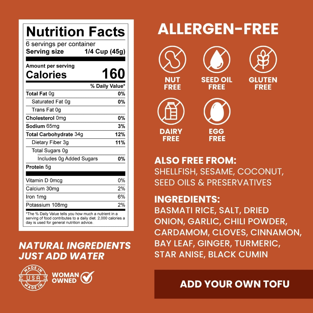 Nutrition facts label and allergen information panel for Kay's Curries Tofu Biryani on a solid rust-orange background. The panel includes a Nutrition Facts box, icons for nut free, seed oil free, gluten free, dairy free, and egg free, a list of also free ingredients, and text stating natural ingredients just add water, with a 'Woman Owned' badge and 'Add your own tofu' callout.