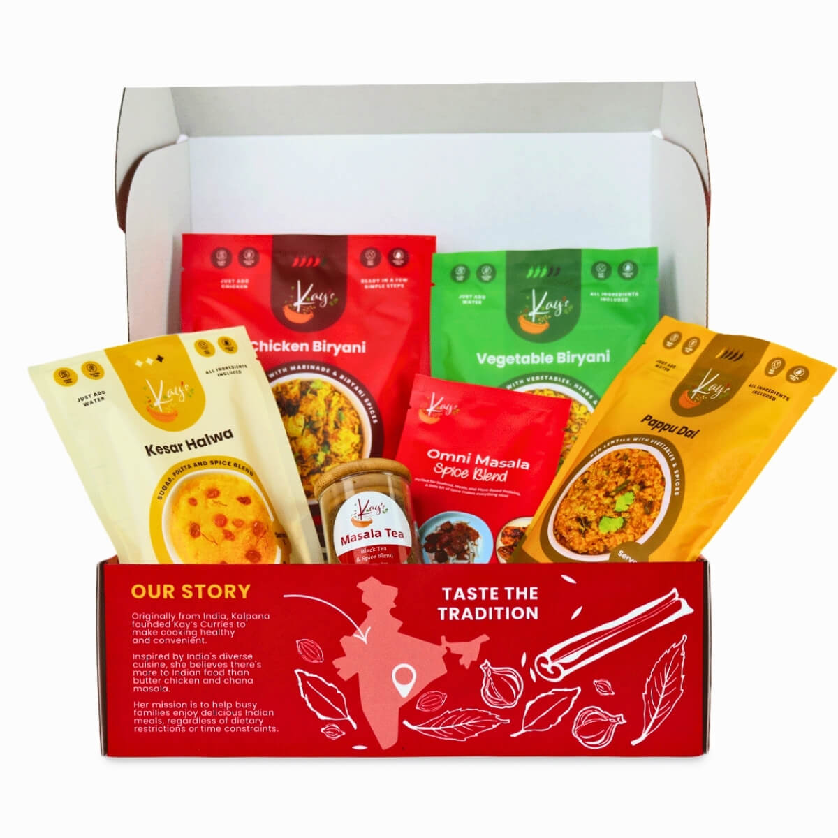 Kay’s Curries Biryani Lover in a red gift box with Chicken Biryani, Vegetable Biryani, Pappu Dal, Kesar Halwa, Omni-Masala and Masala Tea