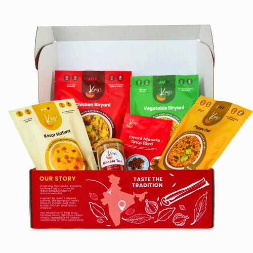 Kay’s Curries Biryani Lover in a red gift box with Chicken Biryani, Vegetable Biryani, Pappu Dal, Kesar Halwa, Omni-Masala and Masala Tea