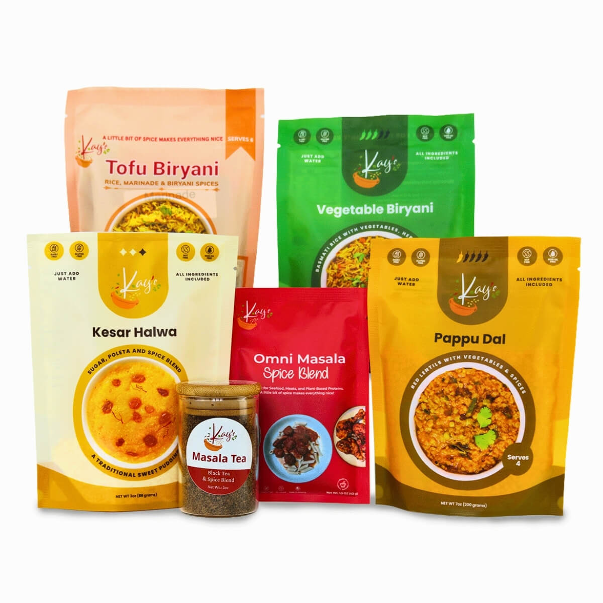 Kay’s Curries Biryani Lover box with Tofu Biryani, Vegetable Biryani, Pappu Dal, Kesar Halwa, Omni-Masala and Masala Tea