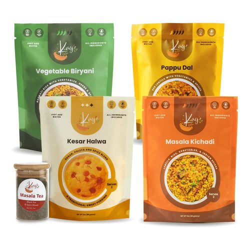 Kay's Curries Comfort Classics Box with Vegetable Biryani, Masala Kichadi, Pappu Dal, Kesar Halwa and Masala Tea