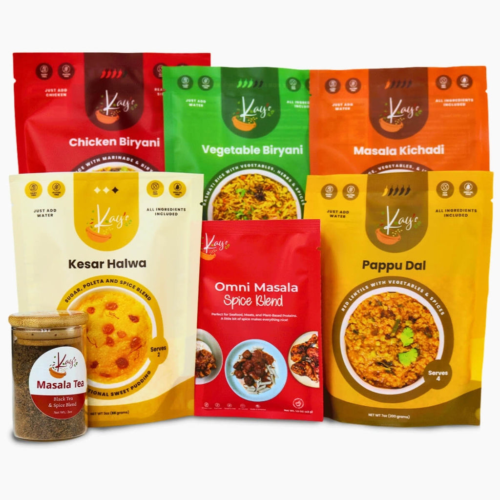 Kay's Curries Complete Collection with Chicken Biryani, Vegetable Biryani, Masala Kichadi, Pappu Dal, Kesar Halwa, Omni-Masala and Masala Tea