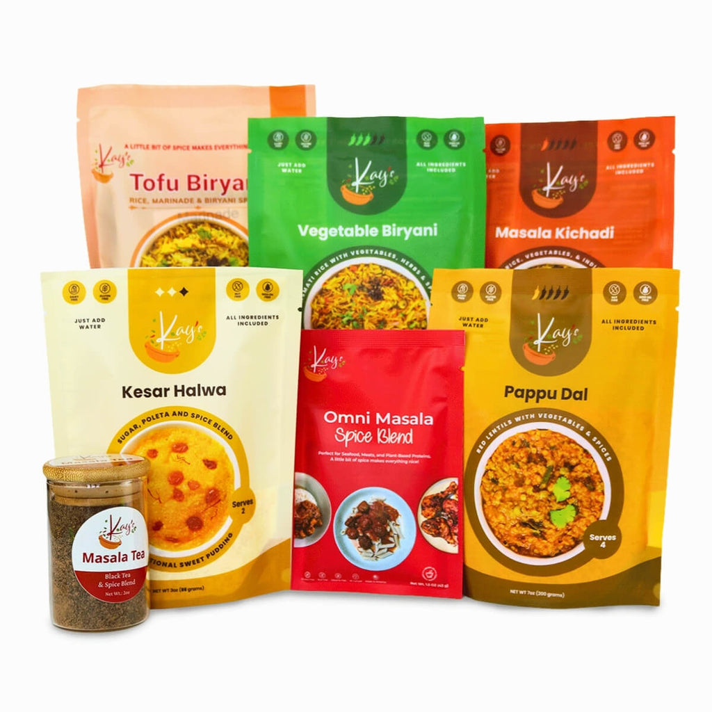 Kay's Curries Complete Collection with Tofu Biryani, Vegetable Biryani, Masala Kichadi, Pappu Dal, Kesar Halwa, Omni-Masala and Masala Tea
