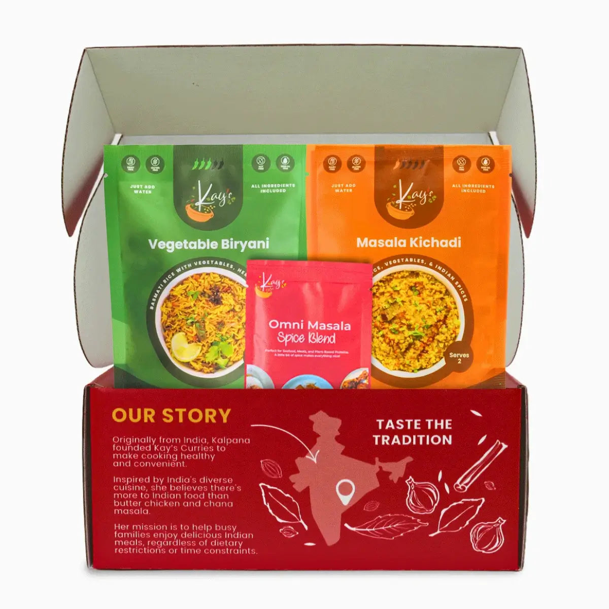 Kay’s Curries Weeknight Duo in a red gift box with Vegetable Biryani, Masala Kichadi and Omni-Masala