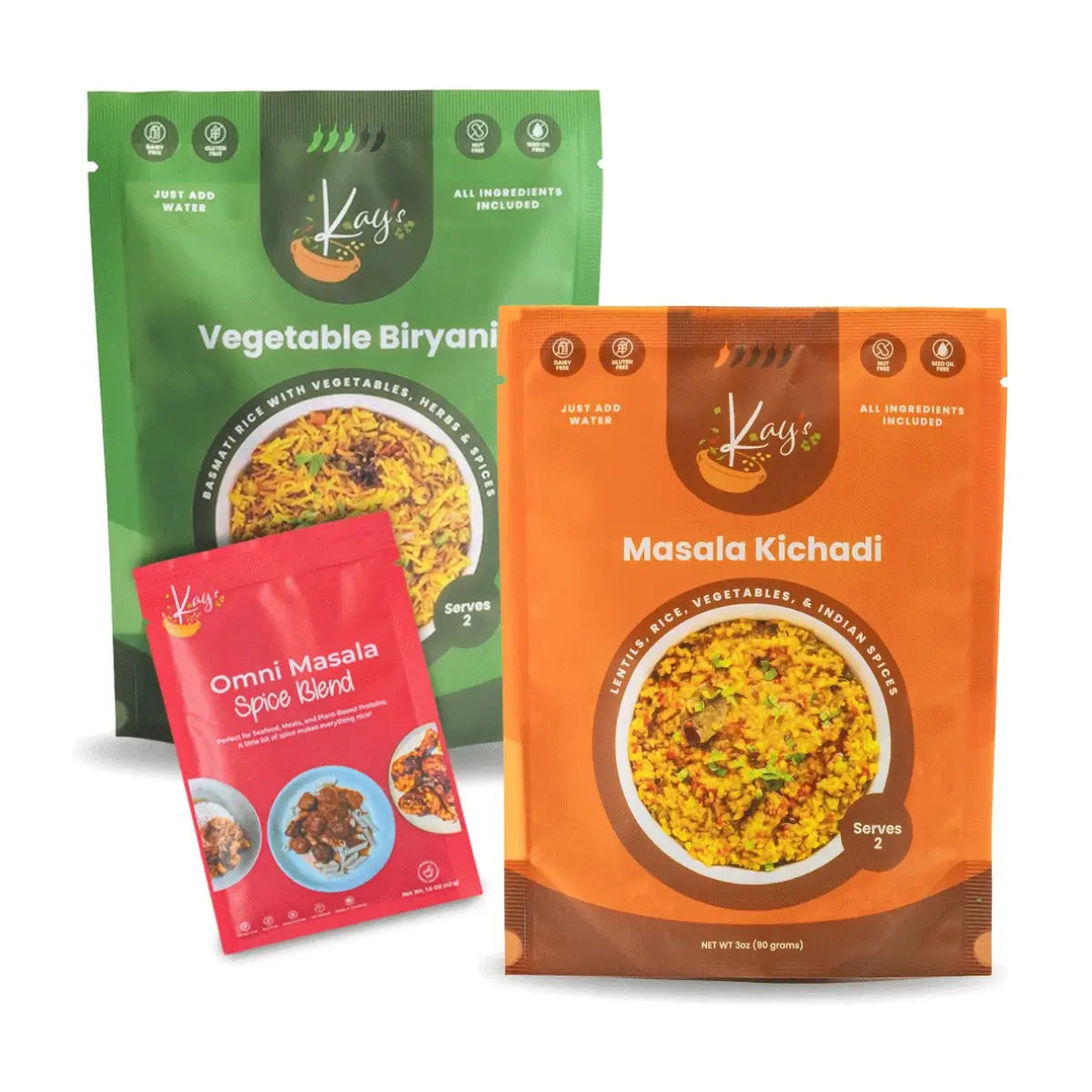 Kay’s Curries Weeknight Duo meal kit box with Vegetable Biryani, Masala Kichadi and Omni-Masala spice blend pouches
