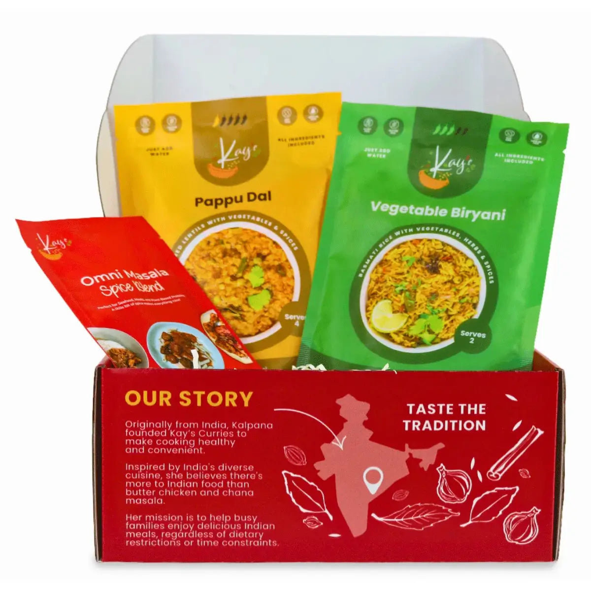 Kay’s Curries Weeknight Duo in a red gift box with Vegetable Biryani, Pappu Dal and Omni-Masala