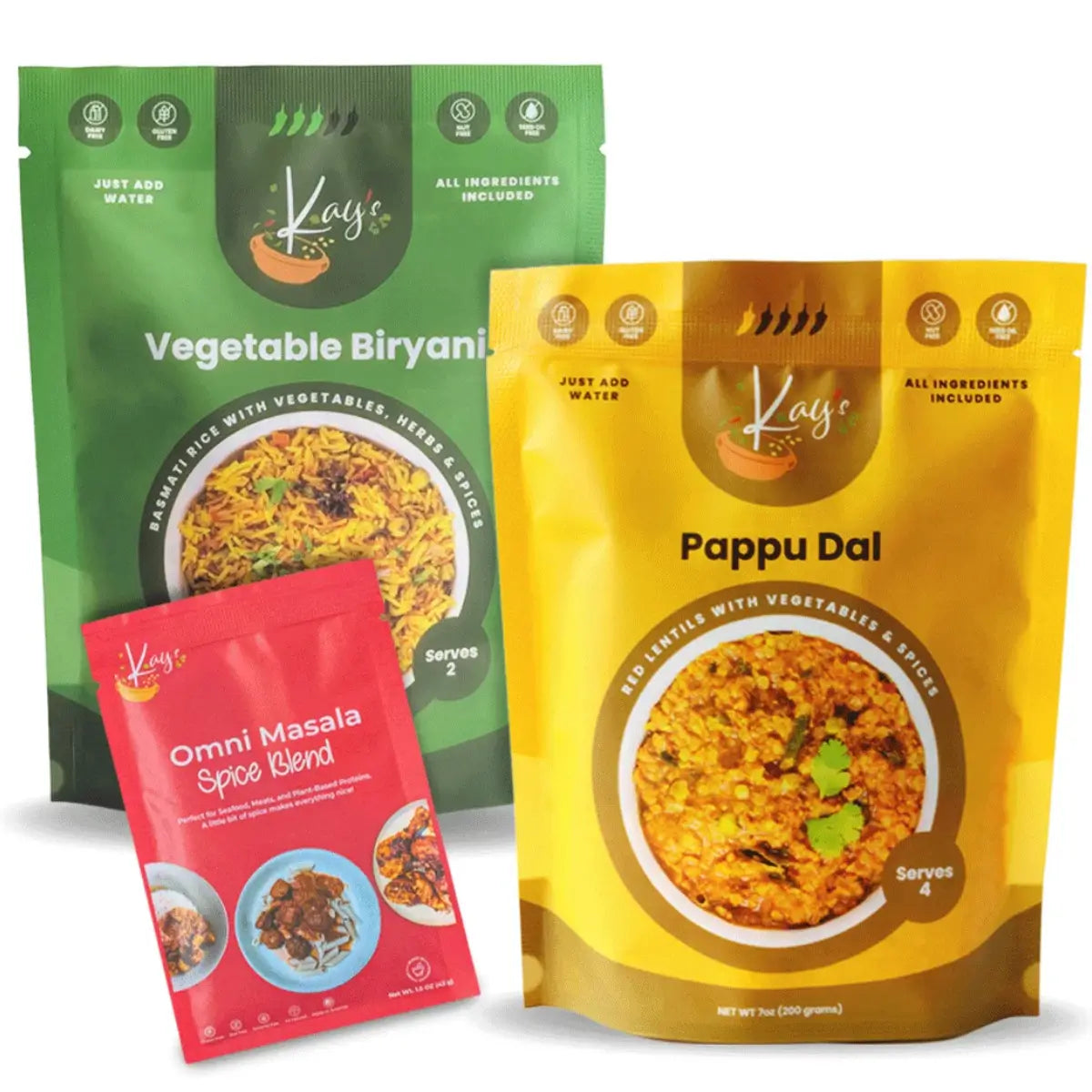 Kay’s Curries Weeknight Duo meal kit box with Vegetable Biryani, Pappu Dal and Omni-Masala spice blend pouches