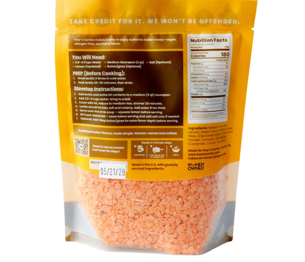 Kay's Curries Pappu Dal kit back panel showing ingredients, allergen information, and cooking instructions